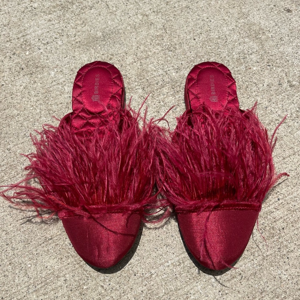 Curated visual reference: Picture Idea: Birdies The Lovebird Feather Trim Mule Red Sz 5